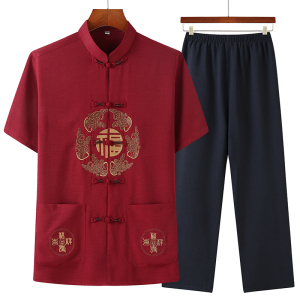 夏季男士中老年唐装爷爷生日中国风奶奶汉服老人过寿棉麻套装爸爸
