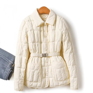 现货秋冬时髦日常绗缝方格翻领松紧腰带鹅绒服羽绒服一件代发