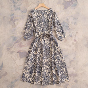 深圳南油！老钱风LP气质复古印花真丝连衣裙七分袖连衣裙系腰带