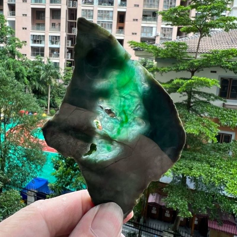 缅甸天然翡翠冰种原石阳绿随行带皮标本摆件饰品