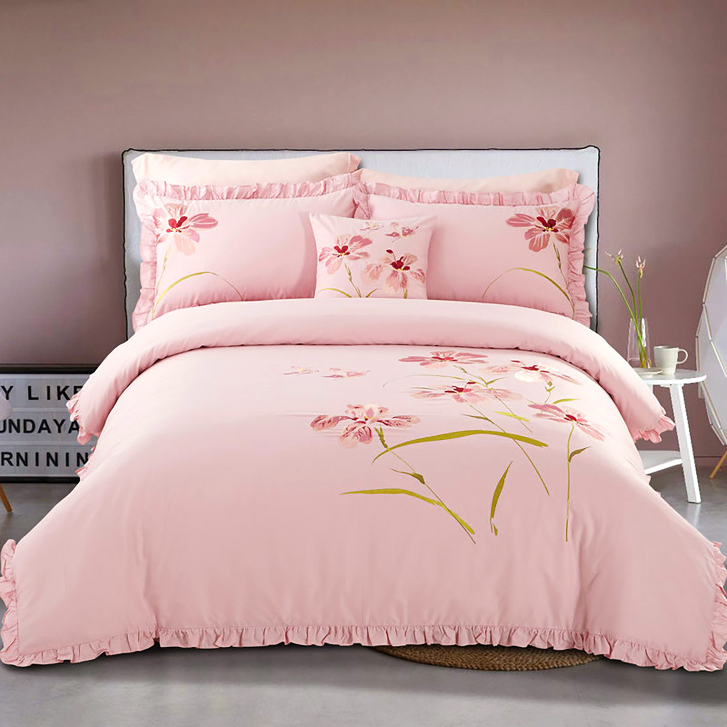 高档床上四件套纯棉100%全棉荷叶边220x240刺绣床单被套2026新款