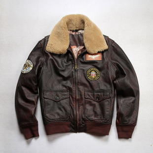 阿美咔叽Vintage黄牛皮空军G1飞行服真皮夹克男士复古领加棉皮衣