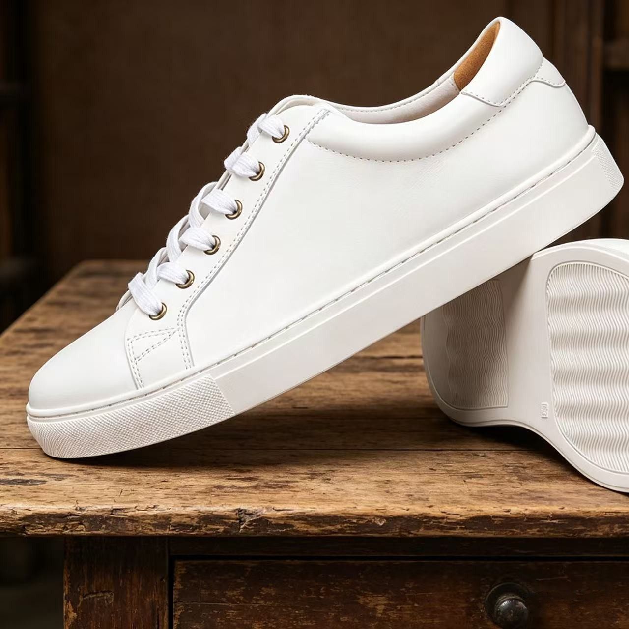 舍利Vintage高端牛皮系带低帮运动休闲板鞋男鞋百搭通勤小白鞋潮