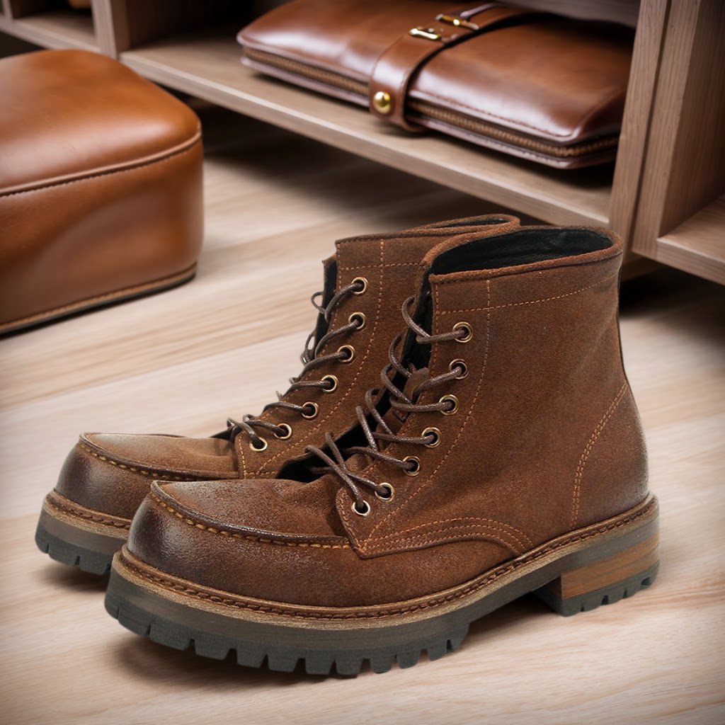 正品Vintage原创油蜡磨砂牛皮工装靴男真皮厚底马丁靴复古机车靴