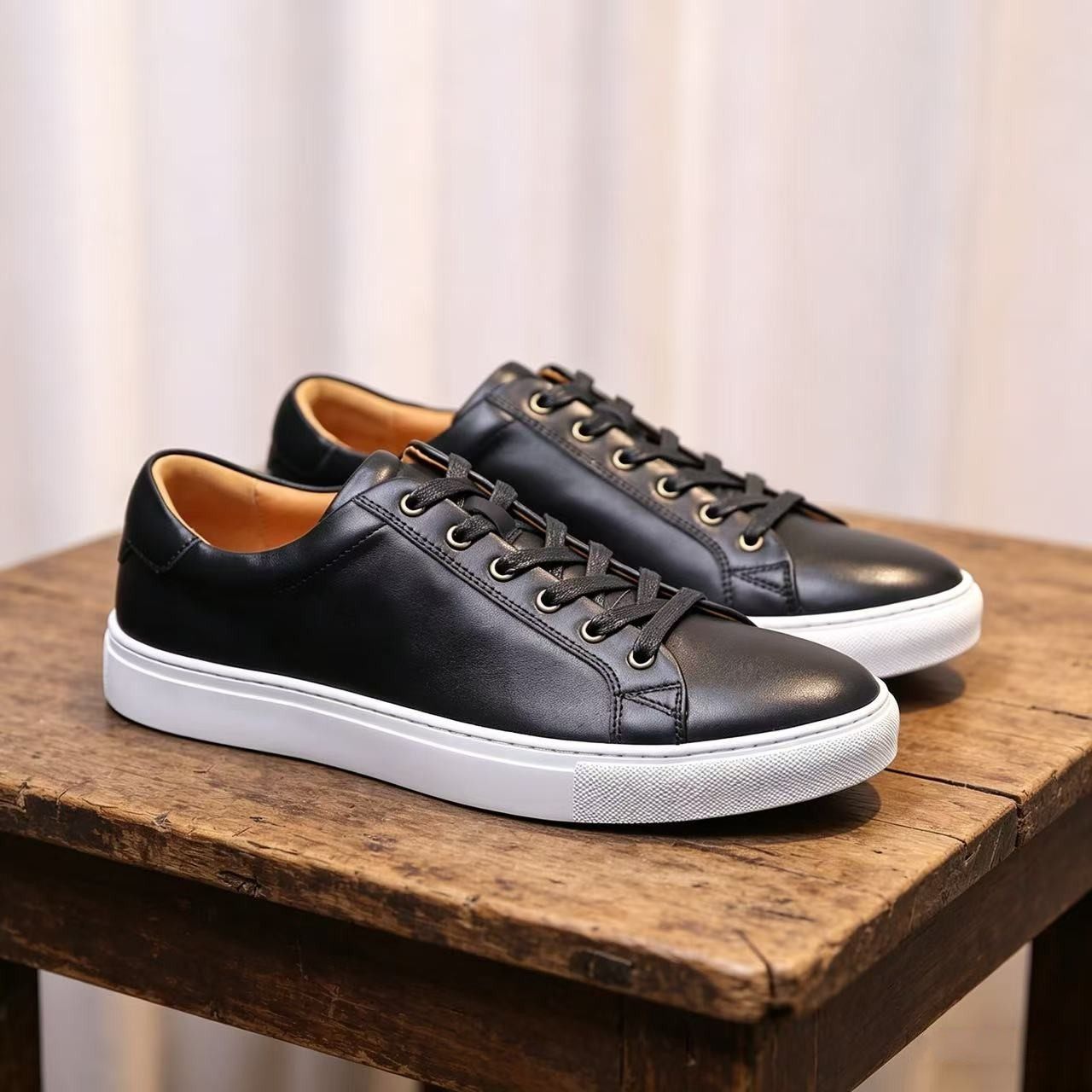 舍利Vintage高端牛皮系带低帮运动休闲板鞋男鞋百搭通勤小黑鞋子