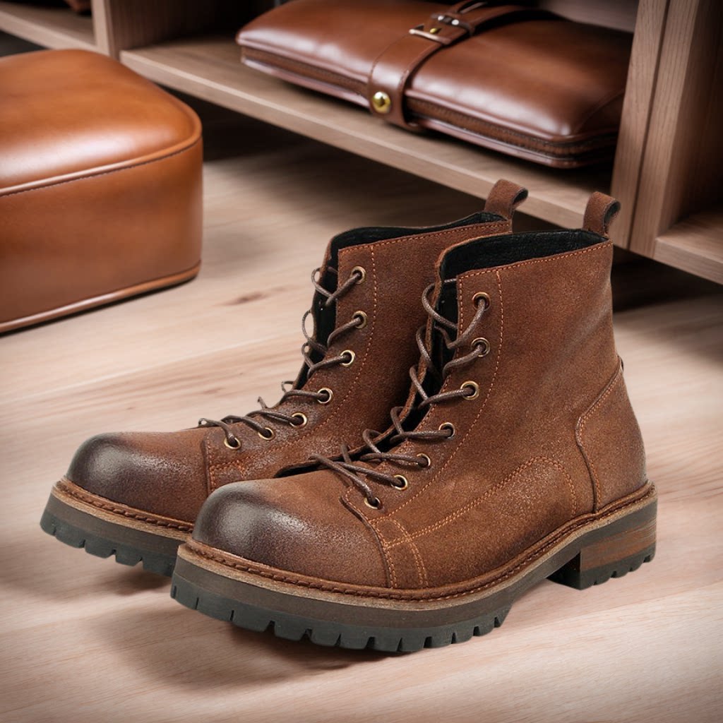 正品Vintage轻奢油蜡磨砂牛皮短脸工装靴男士真皮厚底机车皮靴子