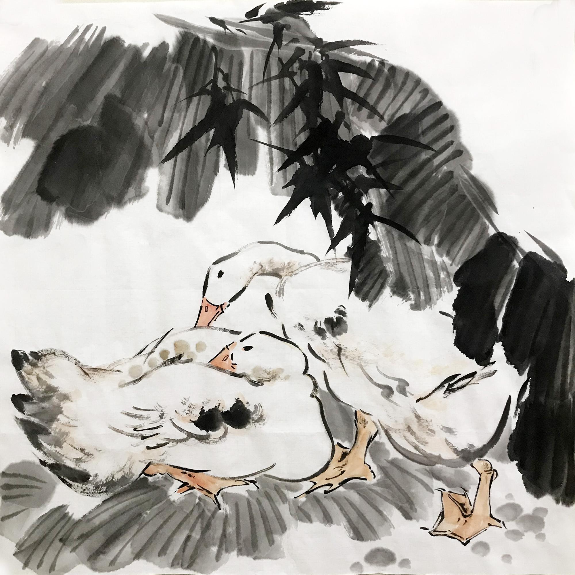 手绘水墨画真迹鹅芭蕉荫图四尺斗方玄关饭店装饰挂画无款无印宣纸图片