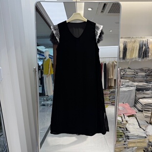 2026年夏装新款流行女装真丝丝绒无袖连衣裙蕾丝花边装饰修身显瘦