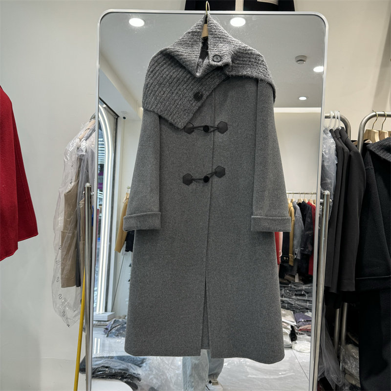 欧货女装手工双面羊绒大衣长款2023年冬装新款山羊绒两件套配围脖