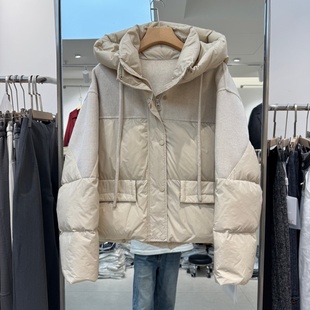 2025年冬装新款流行女装短款双面羊绒拼接羽绒服连帽领保暖显瘦潮