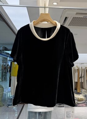 新中式桑蚕丝丝绒上衣小衫2026年夏装新款流行女装撞色拼接领洋气