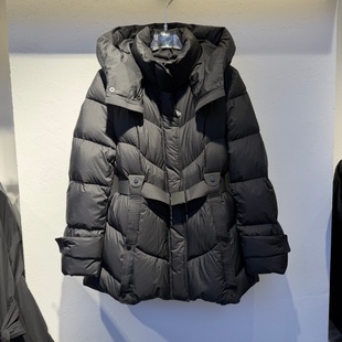 2025年冬装新款流行女装90鹅绒羽绒服连帽领配腰带保暖显瘦磁吸扣