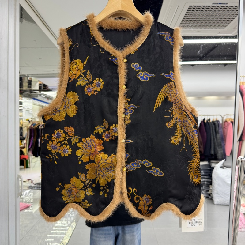 新中式女装香云纱加棉马夹背心2025年秋冬新款水貂毛拼接装饰洋气