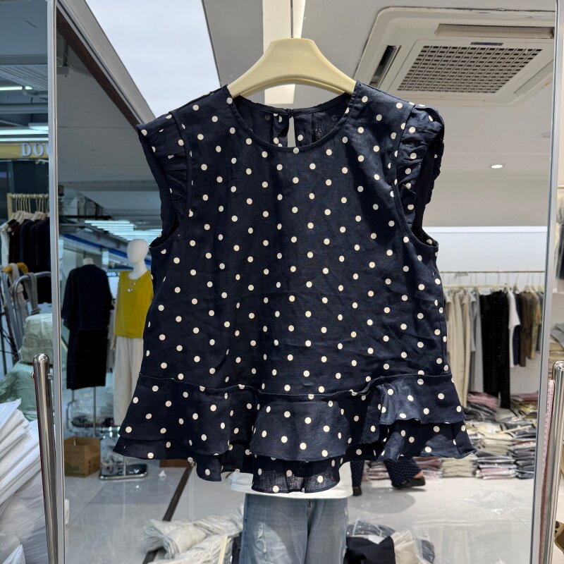 时尚韩版女装无袖马夹上衣小衫2026年夏装新款亚麻面料波点图案潮