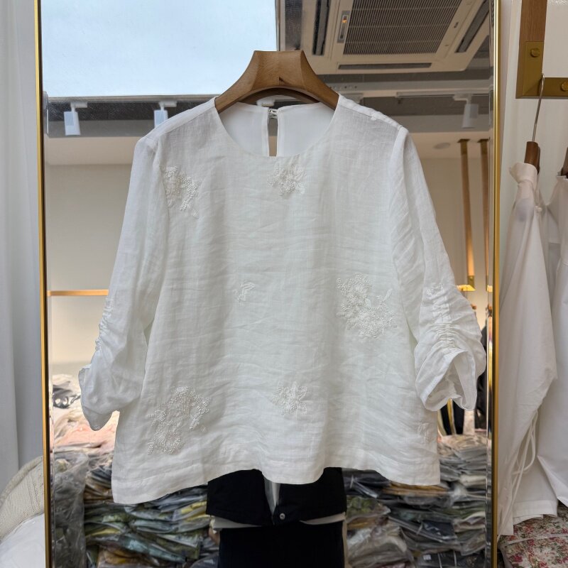 2026年夏装新款流行女装苎麻面料上衣小衫重工刺绣褶皱袖百搭显瘦