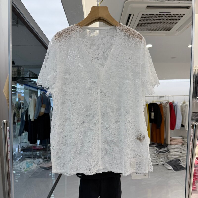 欧洲站2026年夏装新款流行女装透视蕾丝上衣小衫V领短袖百搭显瘦