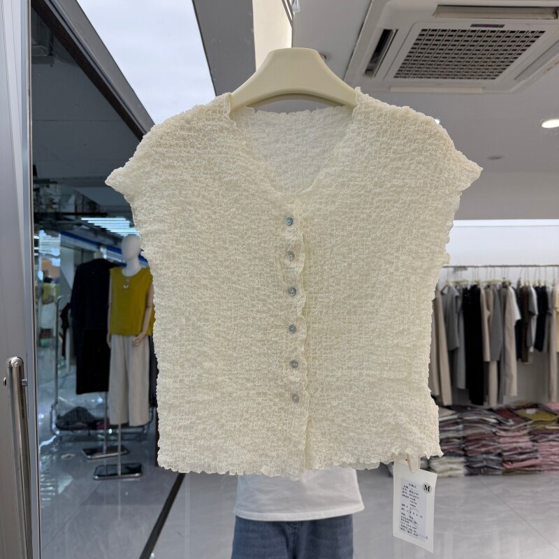 欧洲站2026年夏装新款流行女装高温弹力褶皱面料马夹背心上衣百搭