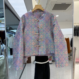 新中式 流行女装 外套缎面提花宽松显瘦错位扣显气质 新款 2026年春装