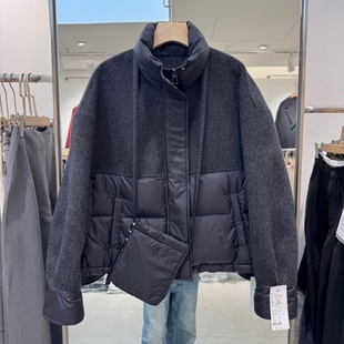 女装 2025年冬装 韩版 时尚 白鸭绒羽绒服拼接双面羊绒保暖配包包 新款