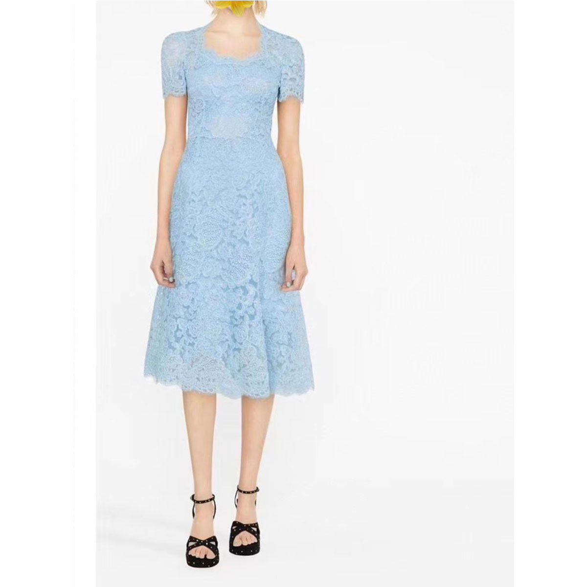 淑女A型蕾丝纯色短袖连衣裙优雅