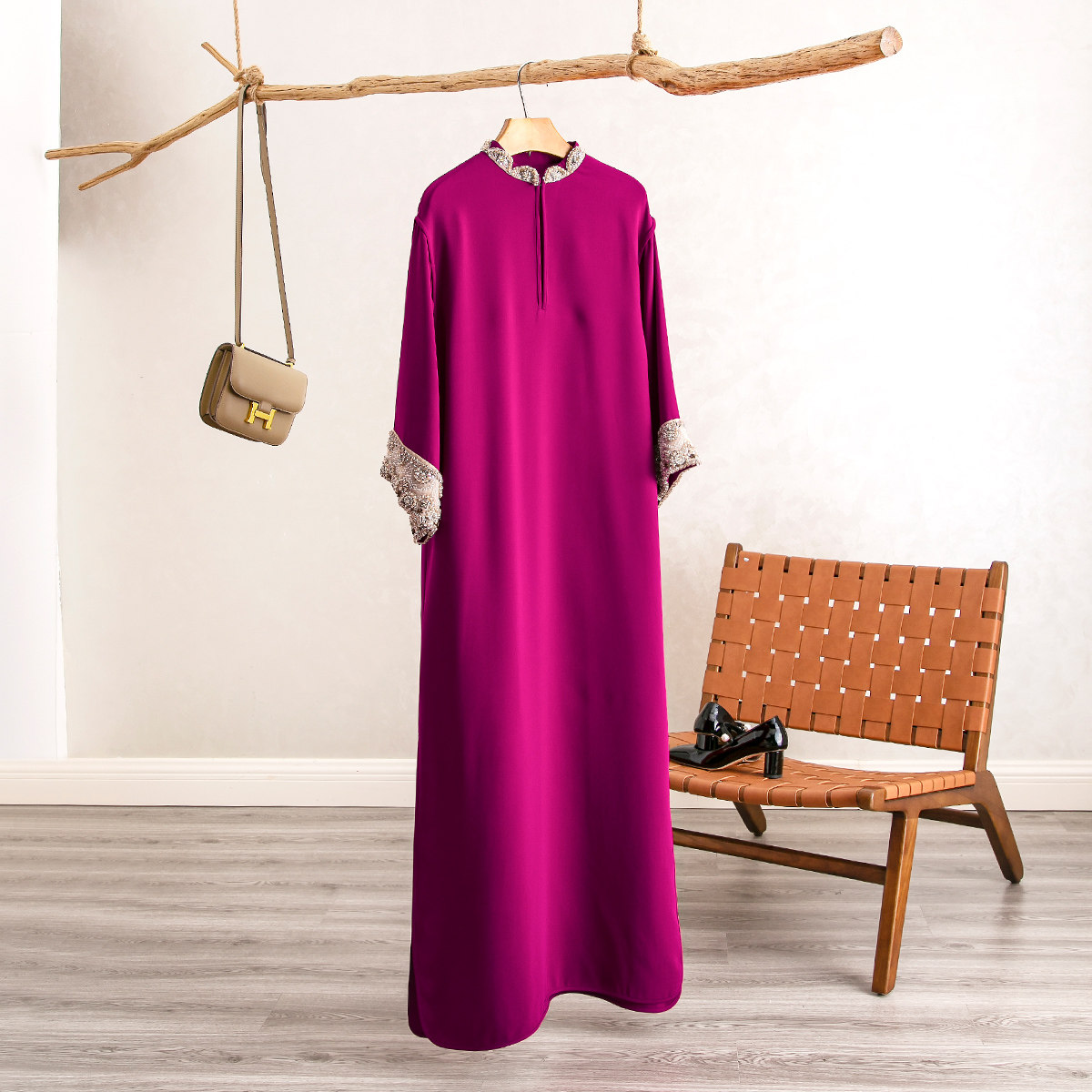 桑蚕丝落肩两侧开衩长款连衣裙