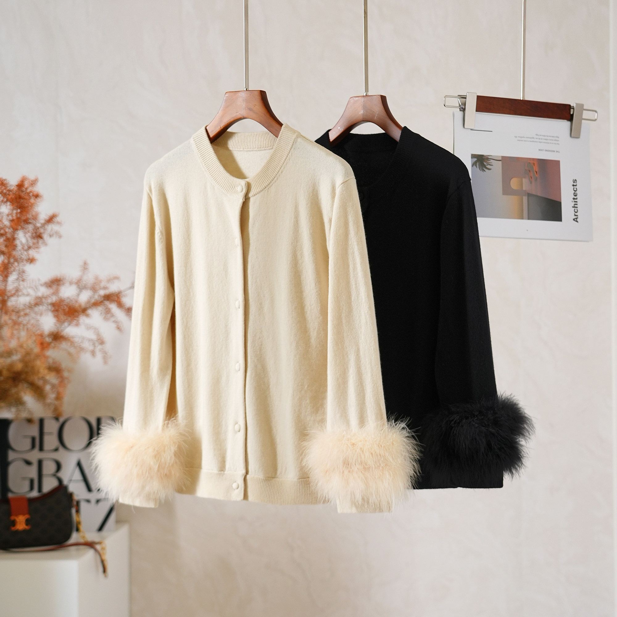 手工包扣袖口拼毛装饰针织开衫