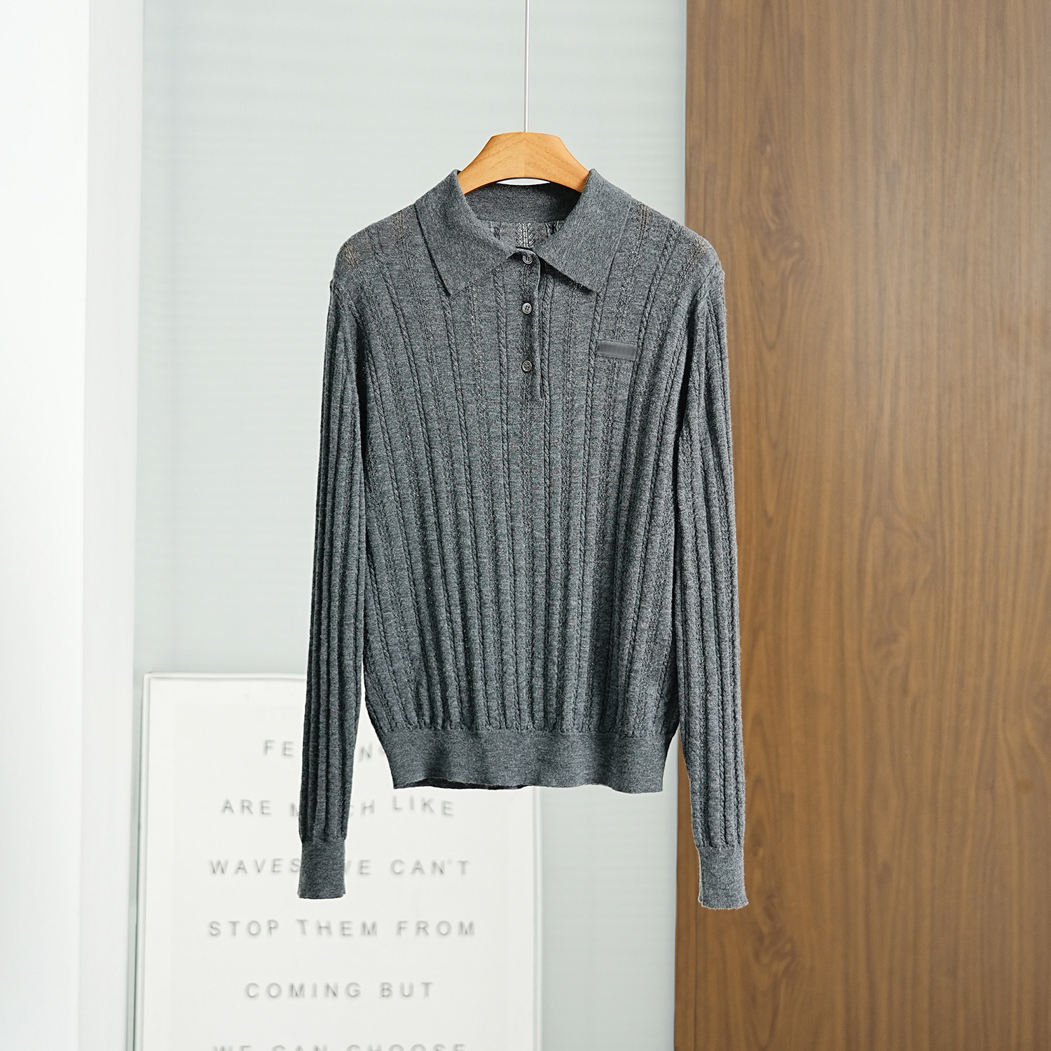 经典POLO领镂空织花羊毛针织衫