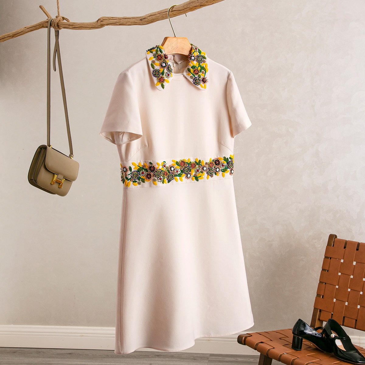 小翻领可拆卸短袖气质连衣裙