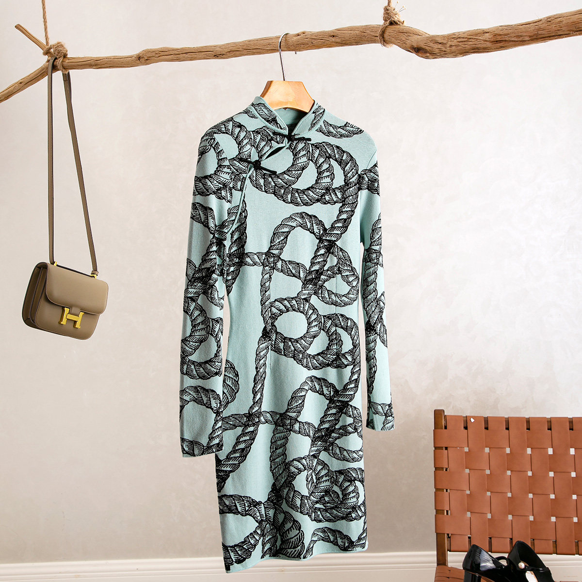 麻绳印花中长款显瘦连衣裙