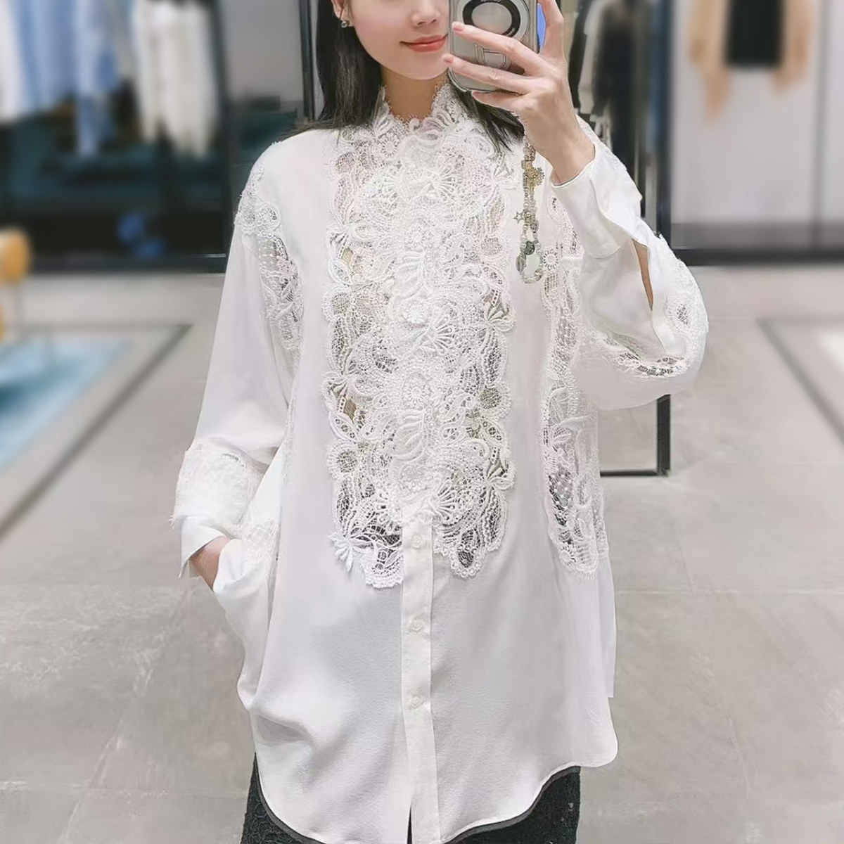 直筒轻奢纽扣长袖桑蚕丝蕾丝衬衫