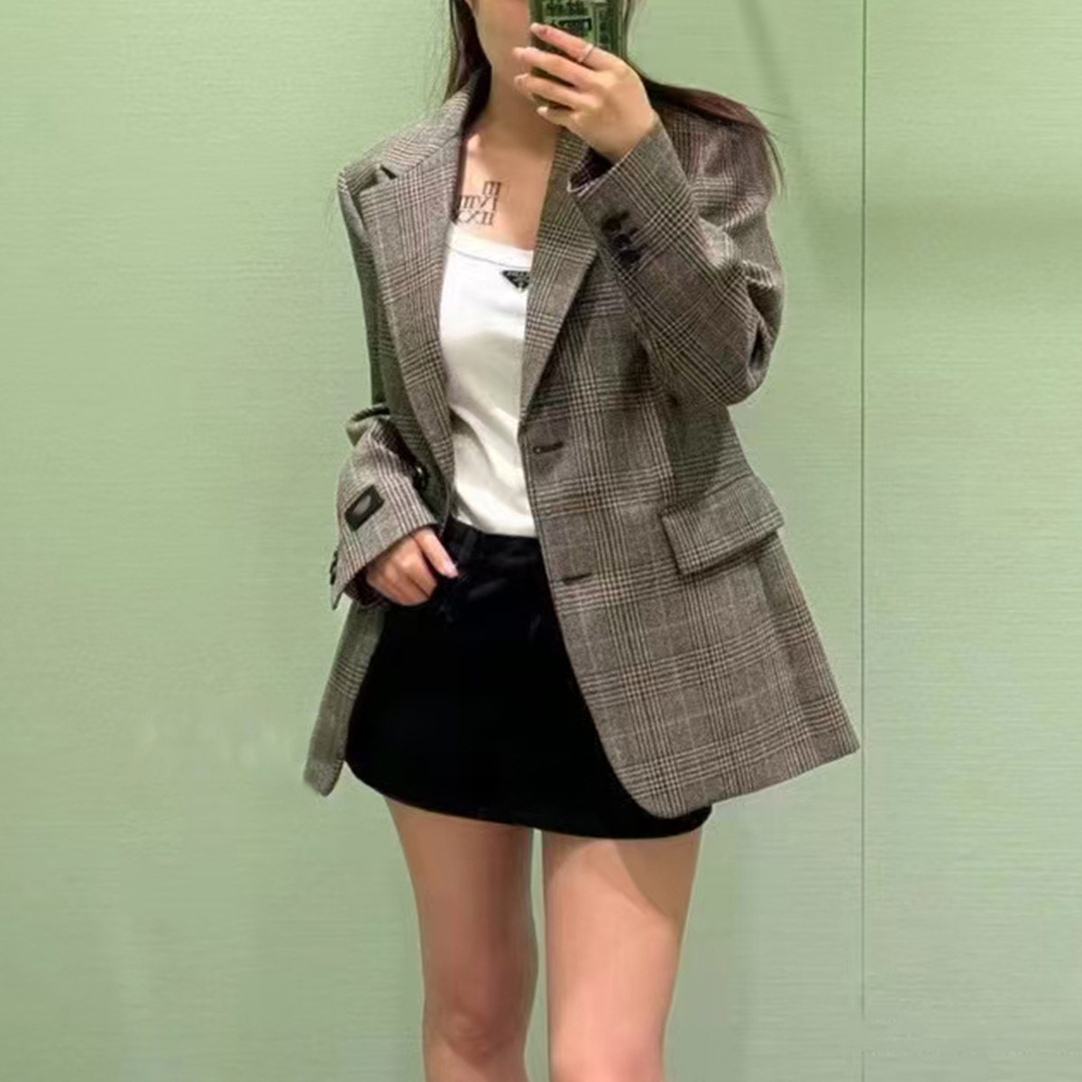 常规轻奢长袖格子西装外套优雅