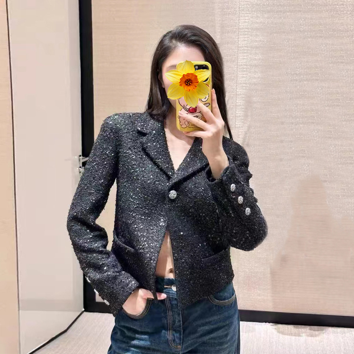 轻奢短款粗呢亮片外套长袖显瘦