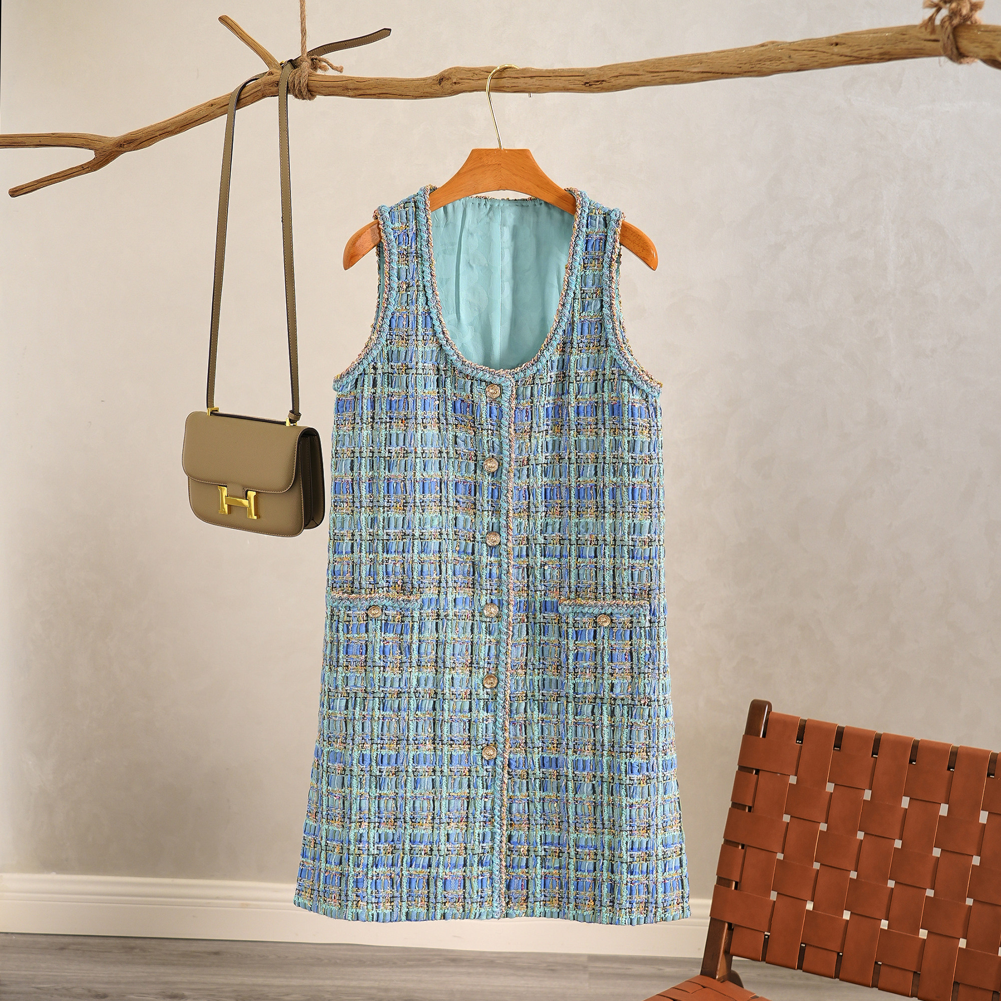 撞色编织单排扣百搭中长款马甲