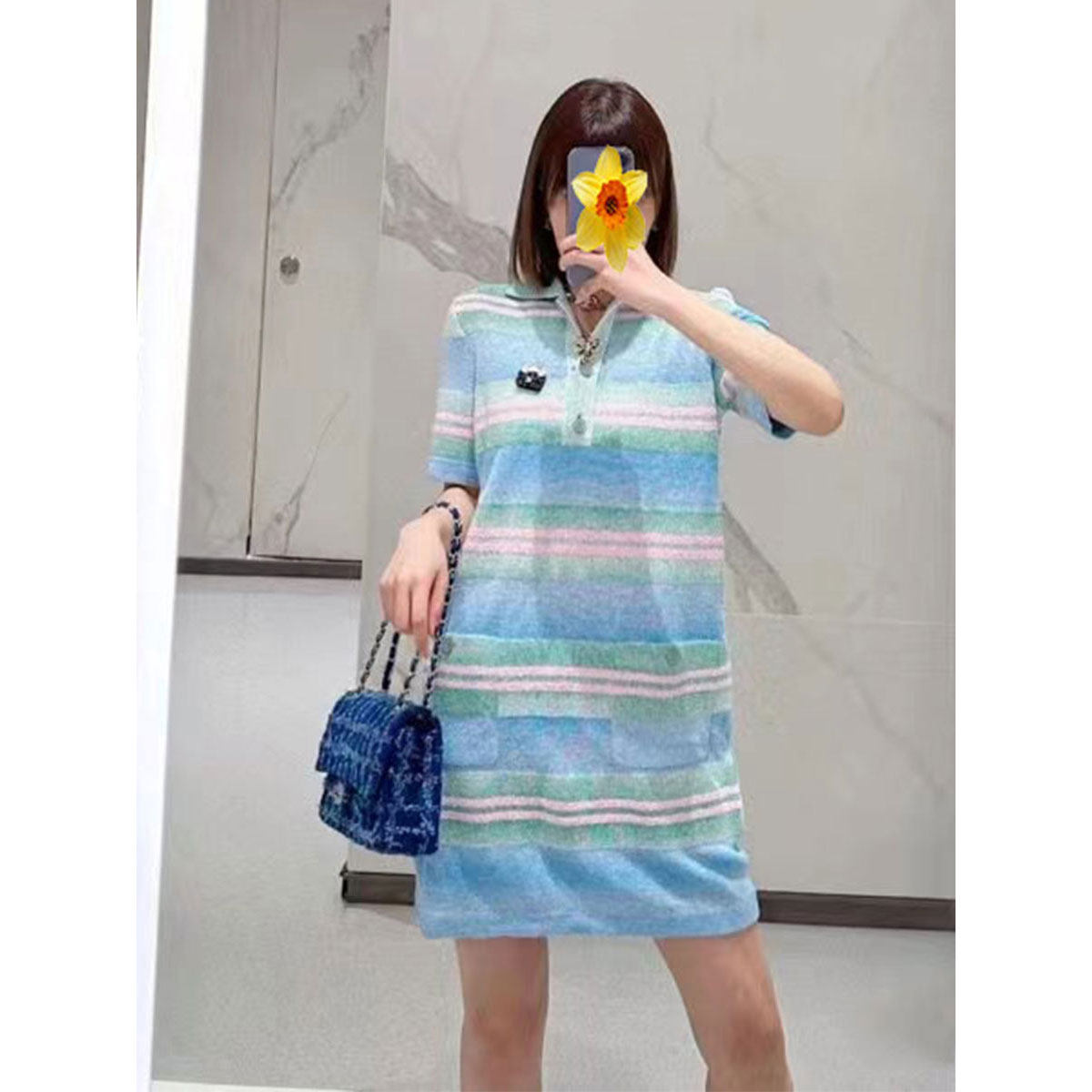 轻奢直筒棉条纹短袖连衣裙拼色