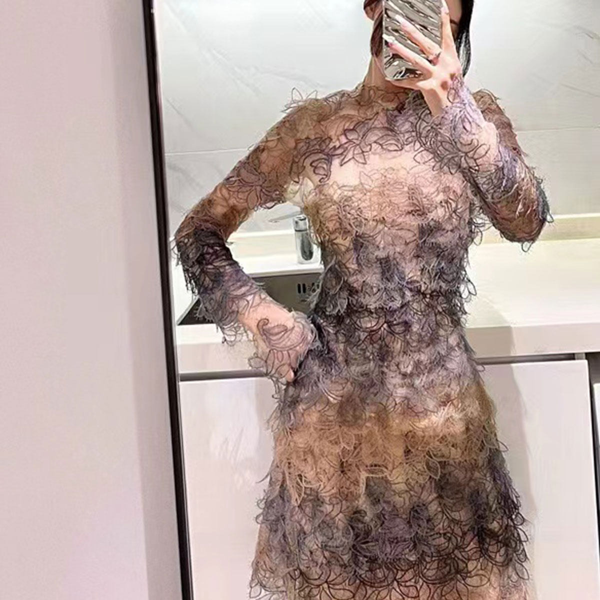 轻奢A裙蕾丝花朵网纱连衣裙优雅