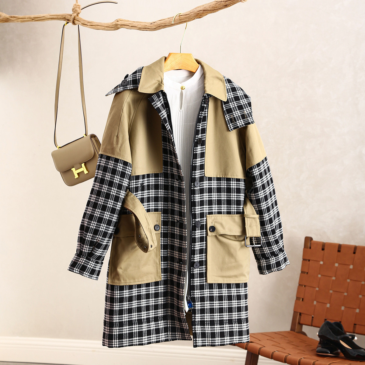 中长款轻奢直筒格子拼接棉衣保暖