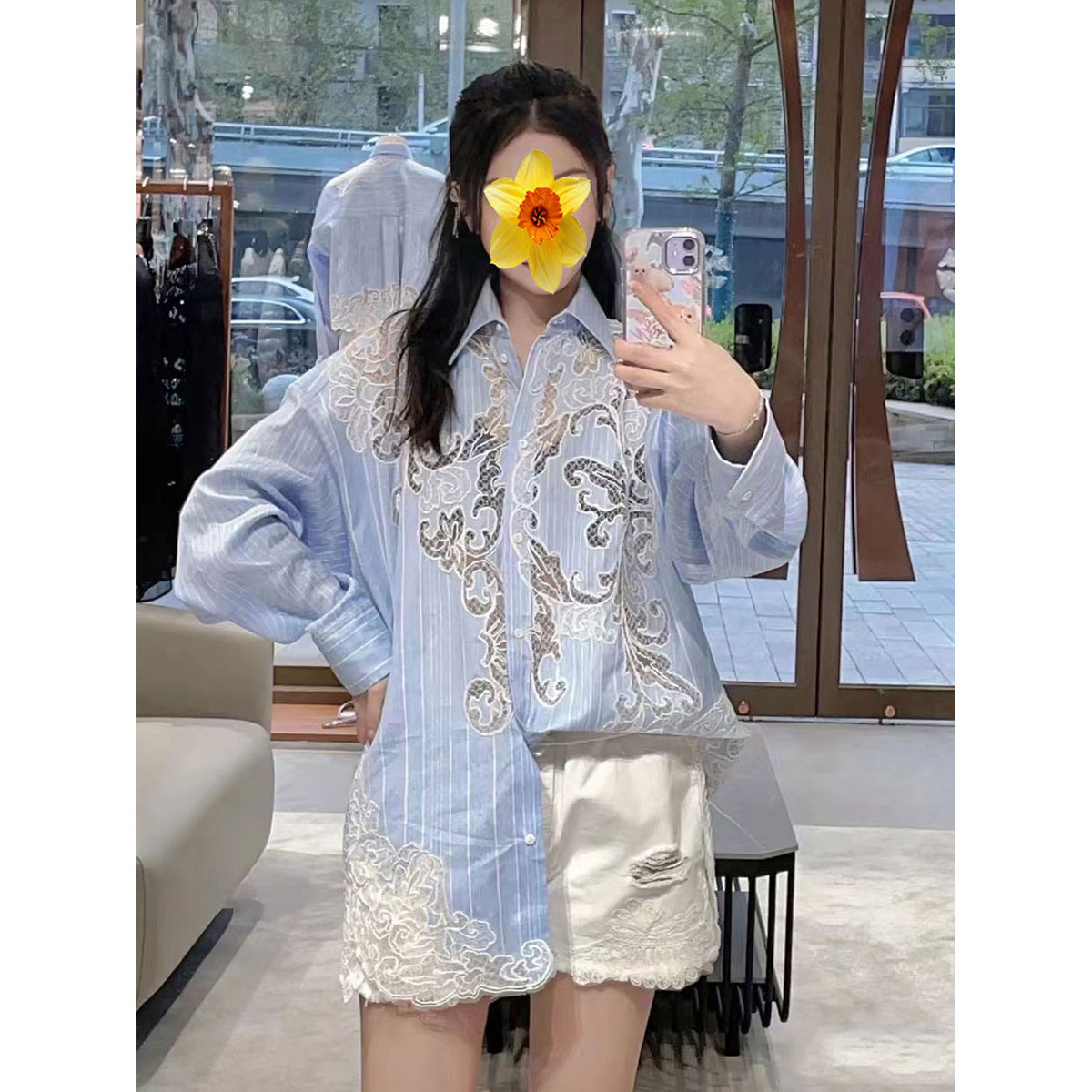 直筒百搭单排长袖棉条纹衬衣外穿