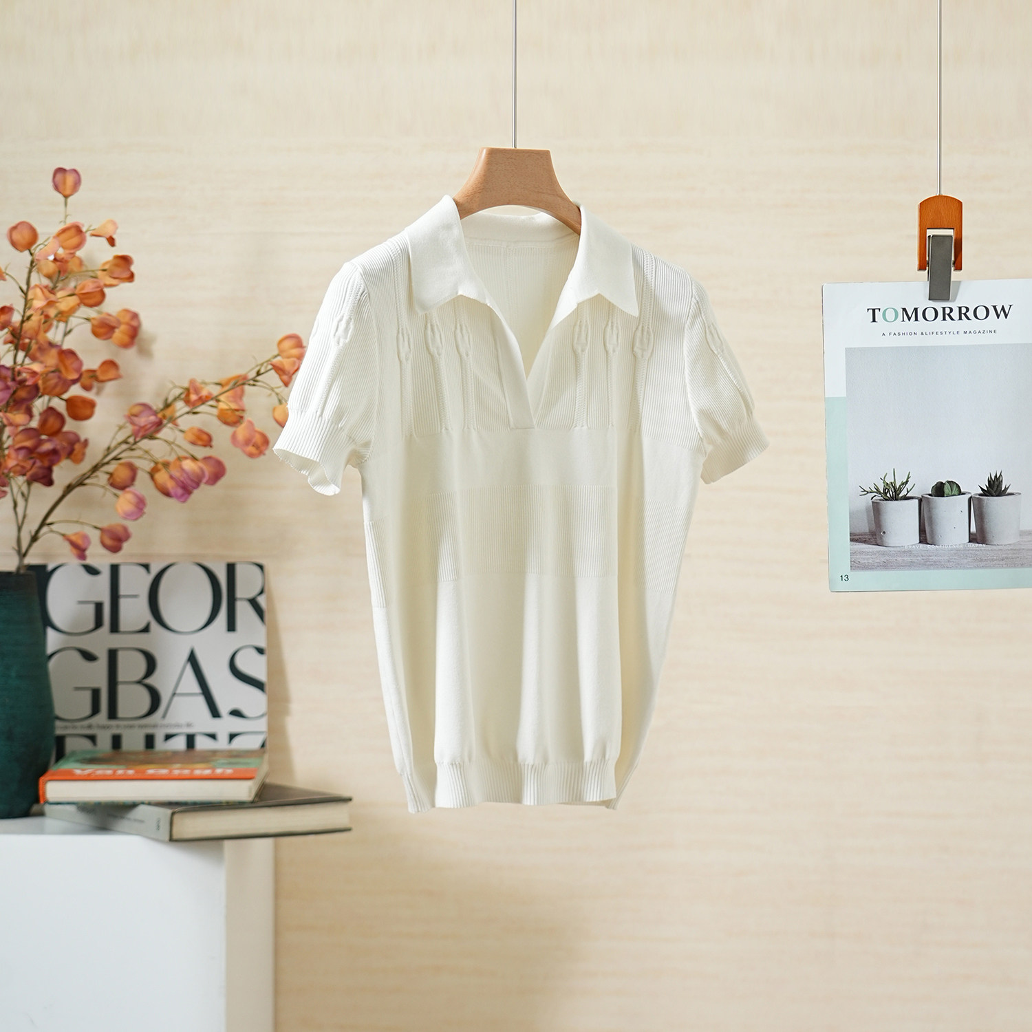 YongLeap柜品春夏新品经典链条立体提花翻领套头短袖真丝针织衫女