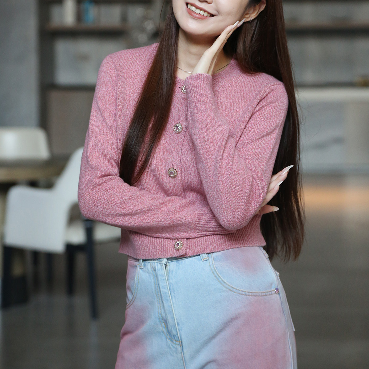 单排扣圆领钻扣针织毛衣开衫