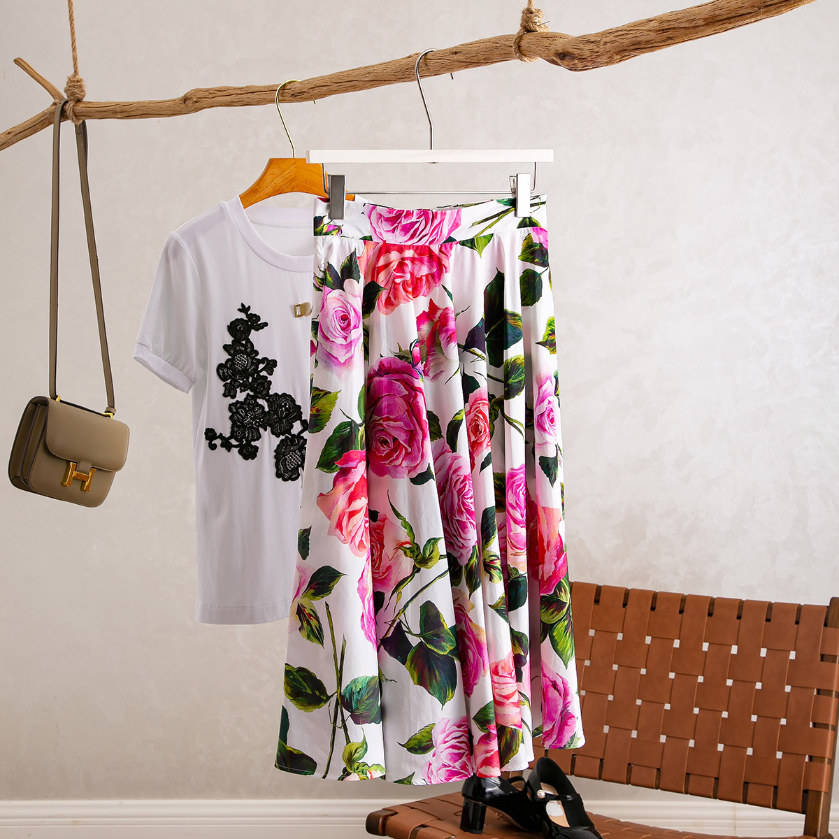 玫瑰印花高腰中长款半身裙