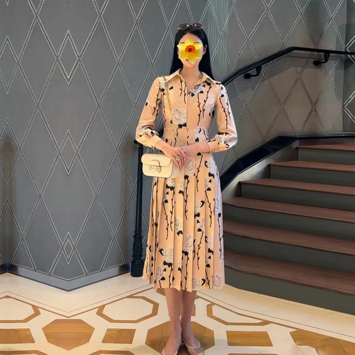 轻奢A字百褶连衣裙印花高腰显瘦