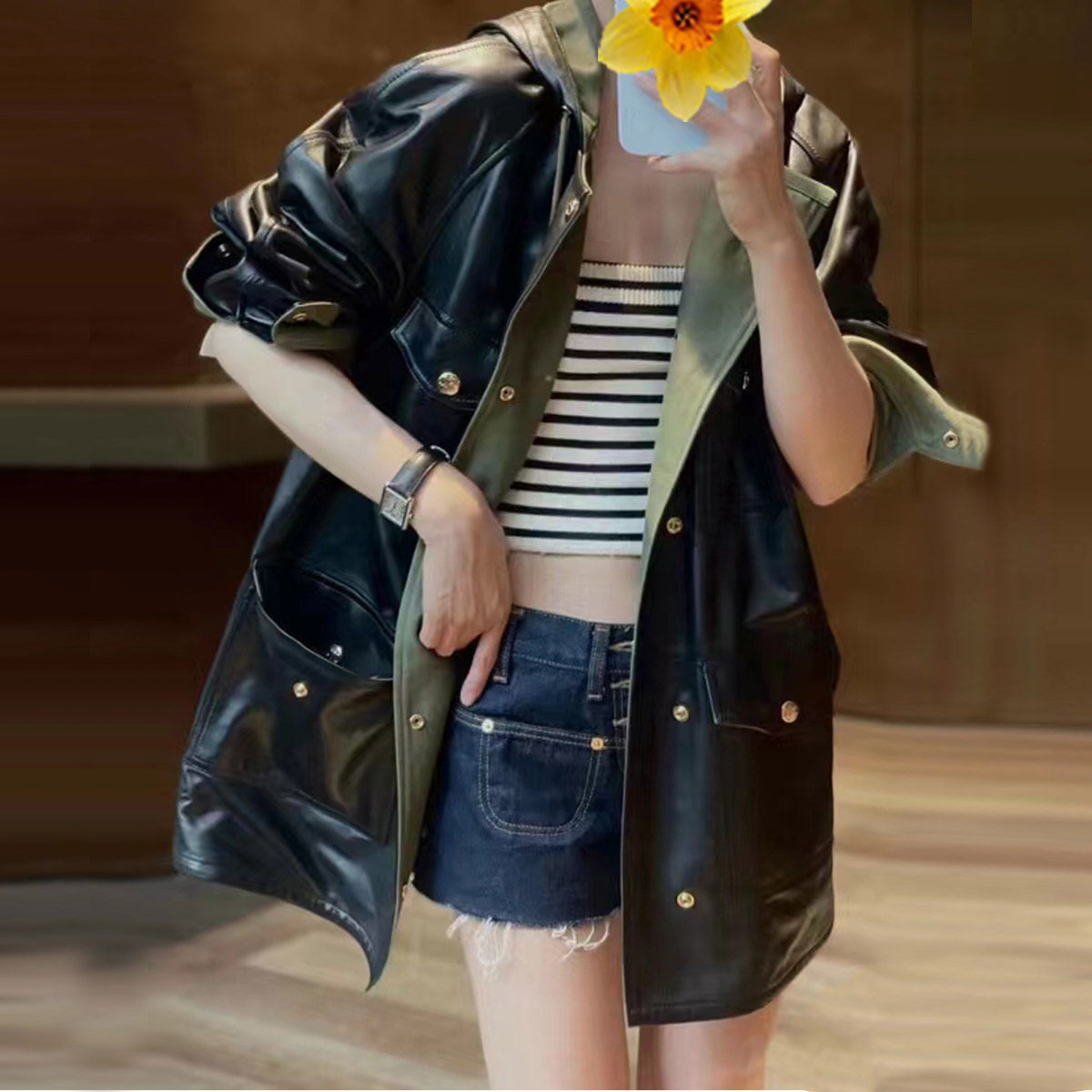 直筒时尚中长轻奢皮衣减龄优雅