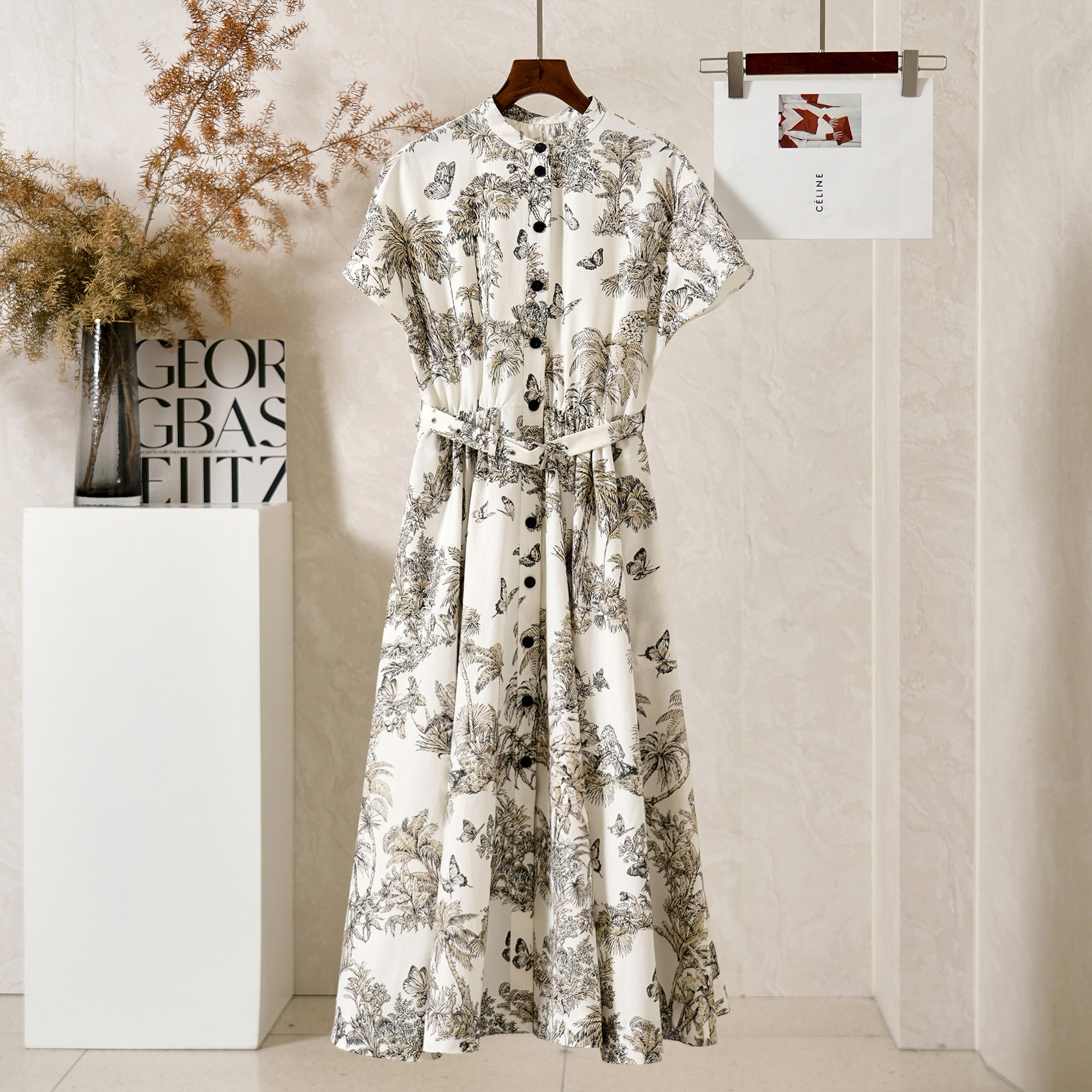 经典椰树印花真丝棉收腰连衣裙女