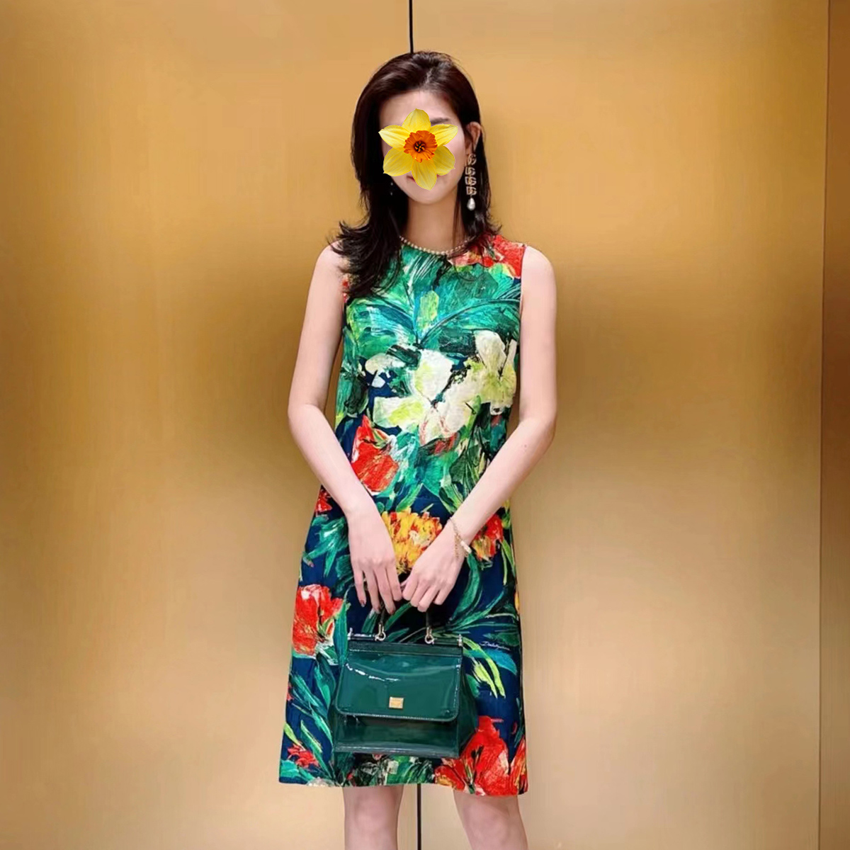 轻奢a字裙真丝花色印花拉链无袖