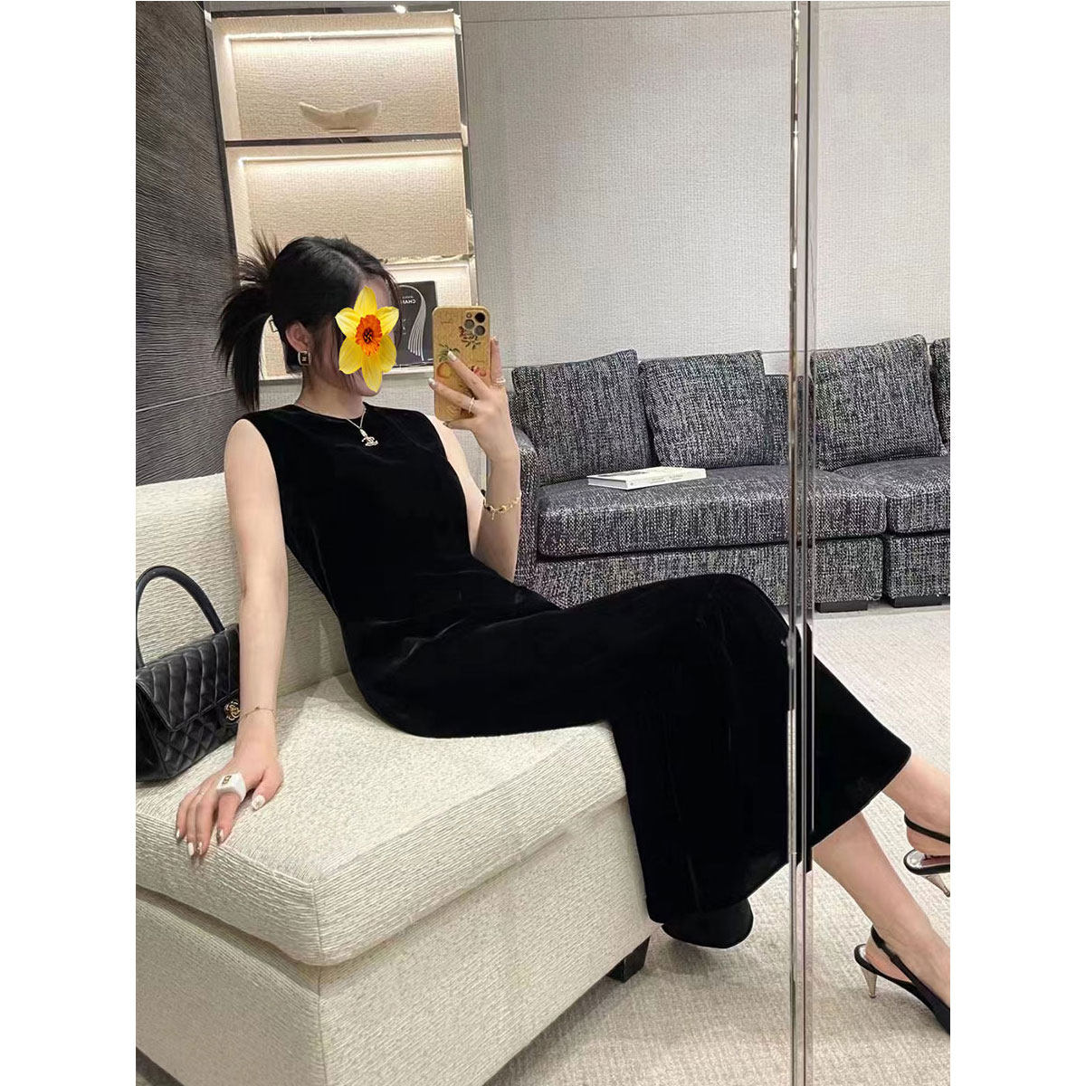 H型真丝丝绒纯色无袖连衣裙减龄