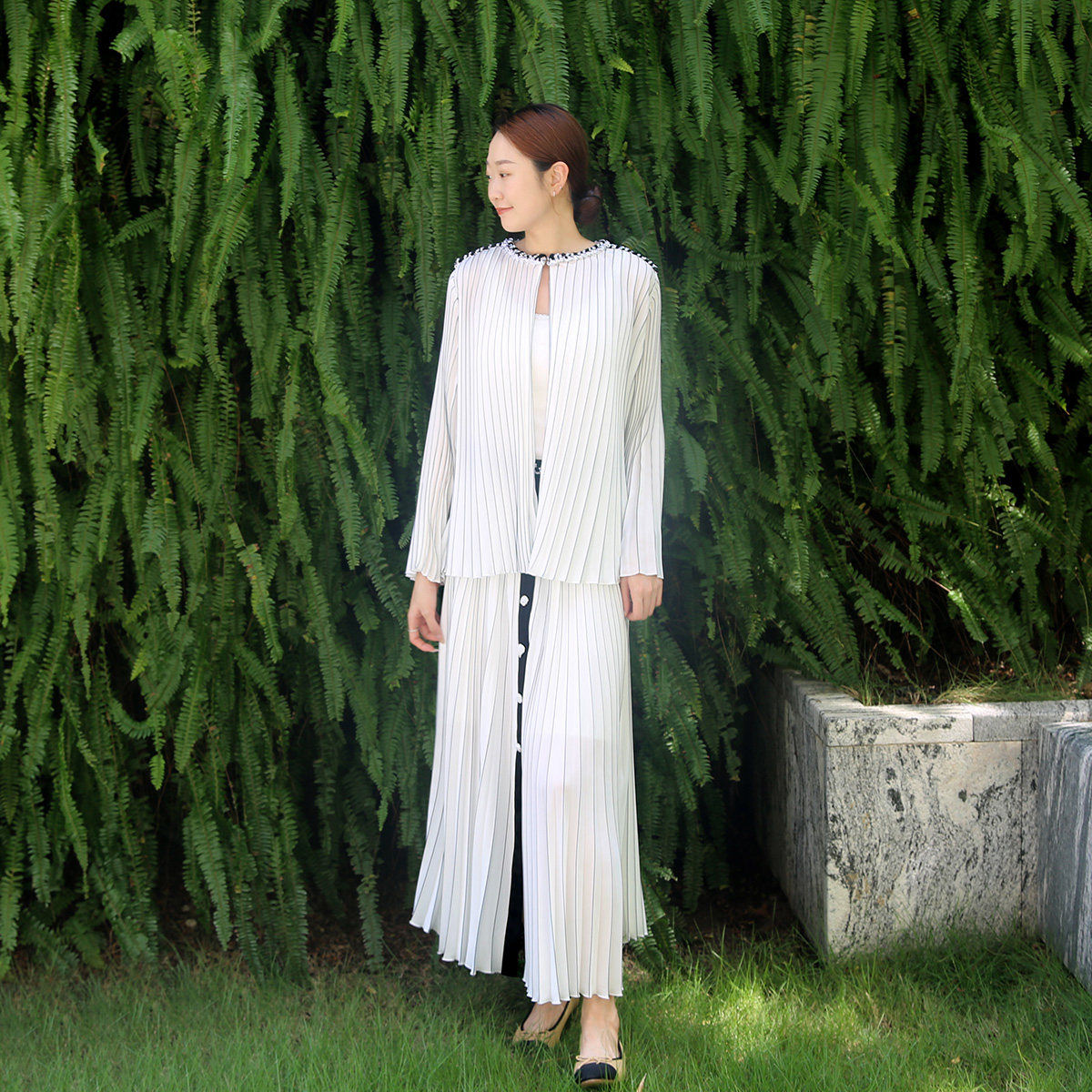 百褶裙小香风A字撞色条纹半身裙