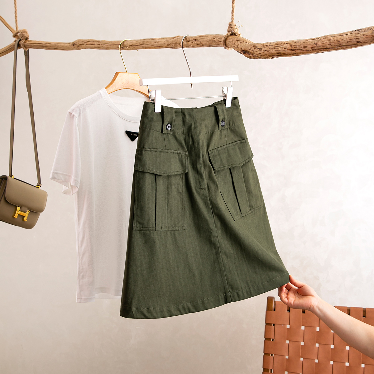 双口袋酷飒军绿色工装百搭半裙