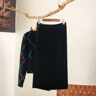 YongLeap柜品秋冬新品 高密细腻进口真丝丝绒高腰后开衩百搭半身裙