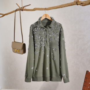 卫衣 松身长袖 YongLeap柜品早秋新品 翻领重工钉珠内里罗圈棉插肩袖