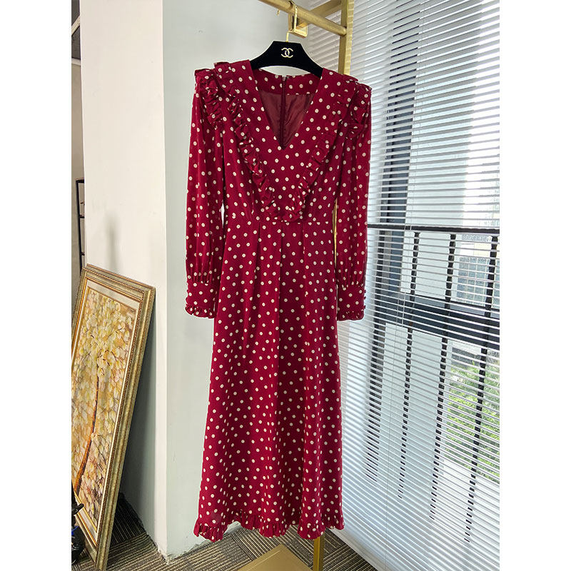 轻奢A型蚕丝波点V领连衣裙高腰